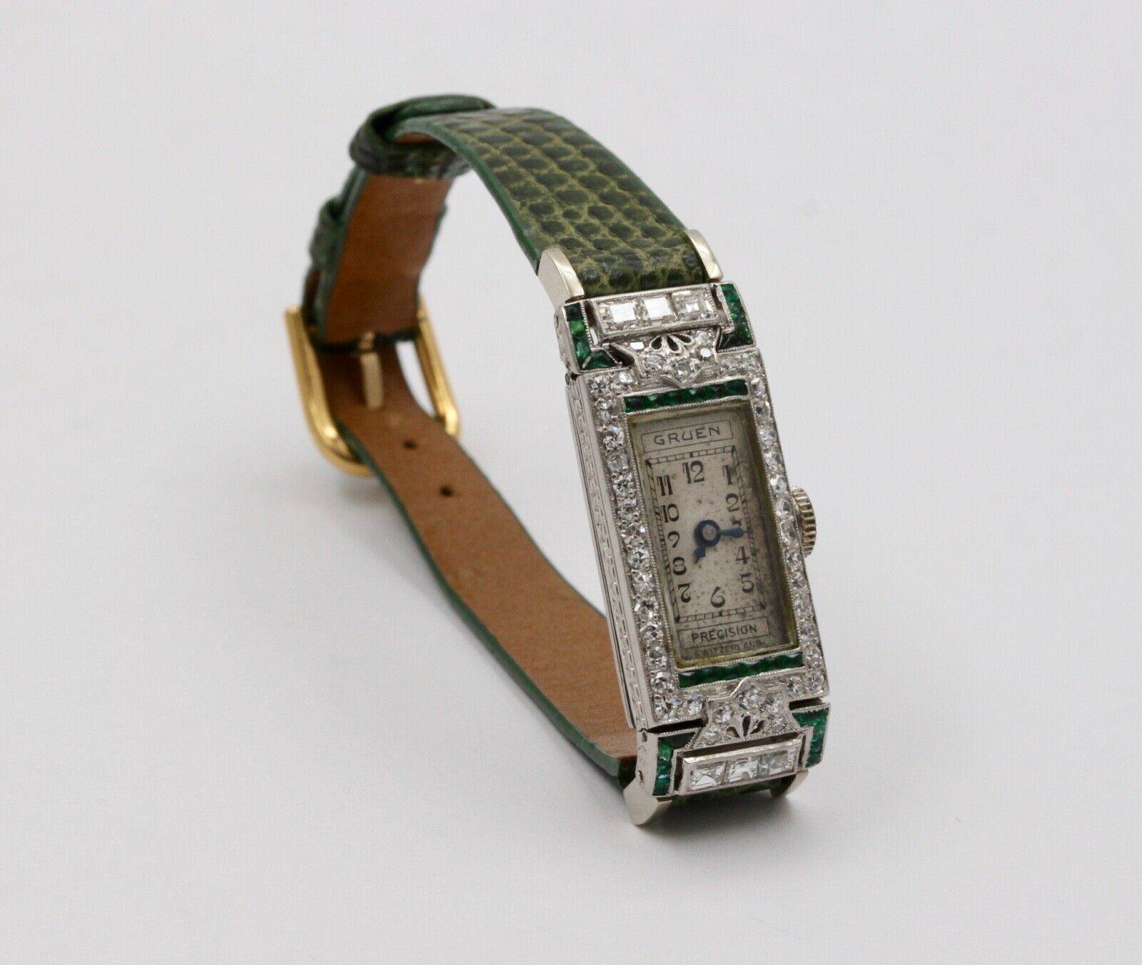 Art Deco Gruen Diamonds Emeralds Platinum Ladies Watch