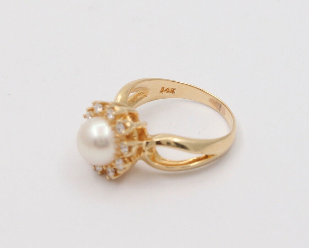 Mikimoto Vintage Pearl Diamonds 14K Yellow Gold Ring