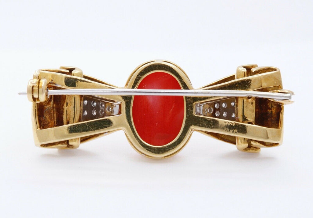 Vintage Red Coral Diamonds 18K Yellow White Gold Brooch Pin