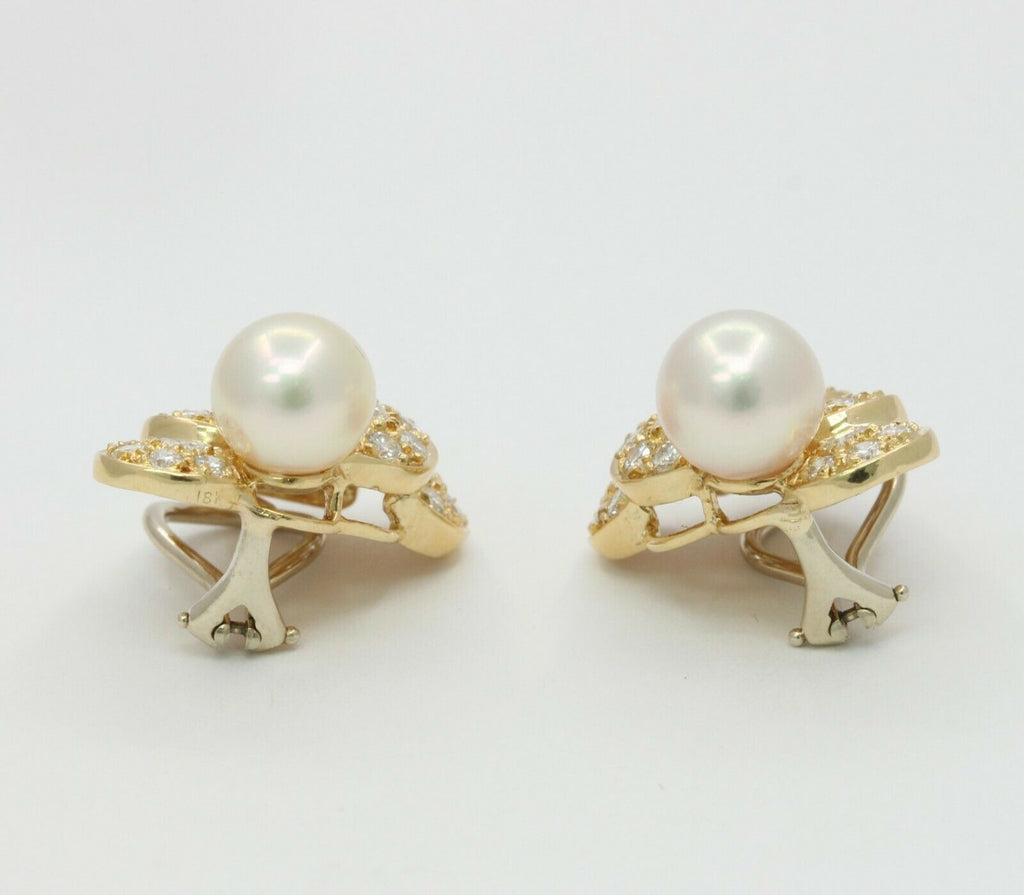 Vintage 14K Yellow Gold 9mm Akoya Pearl Diamond Clip on Earrings