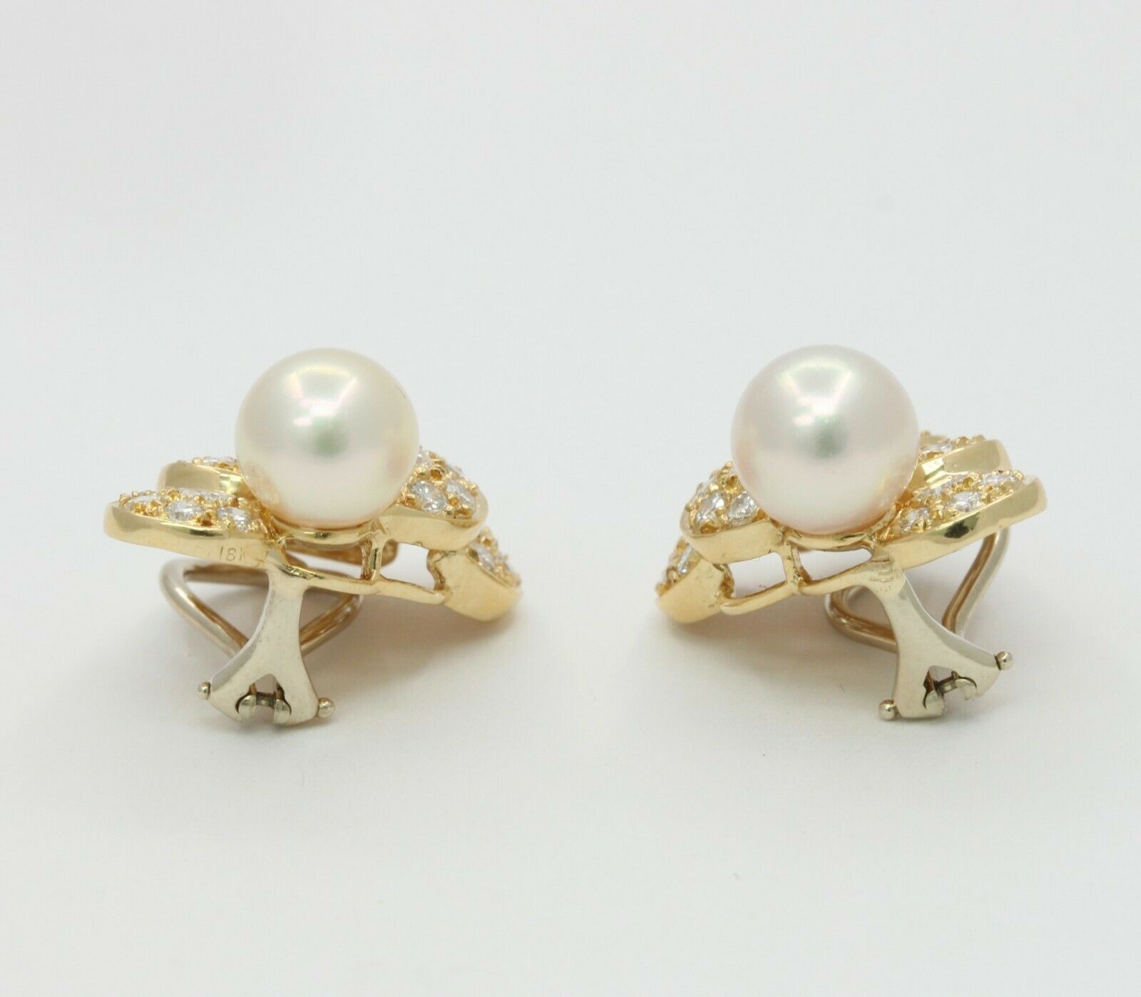Vintage 14K Yellow Gold 9mm Akoya Pearl Diamond Clip on Earrings