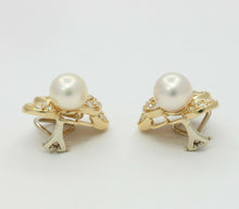 Load image into Gallery viewer, Vintage 14K Yellow Gold 9MM Akoya Pearl 3 Cts Diamond Omega Back No Pierce Earri
