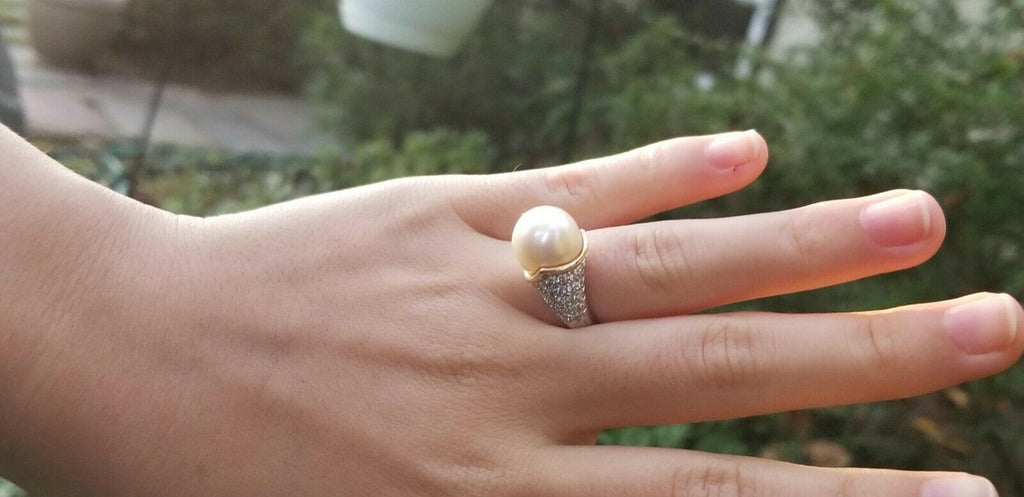 Vintage Platinum 18K Yellow Gold Diamond Pearl Cocktail Ring