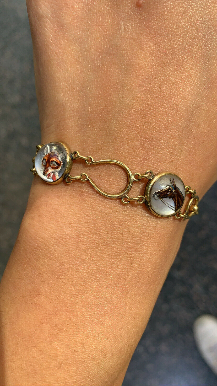 1924’s Antique Essex Crystal Horse & Fox 14K Gold Bracelet