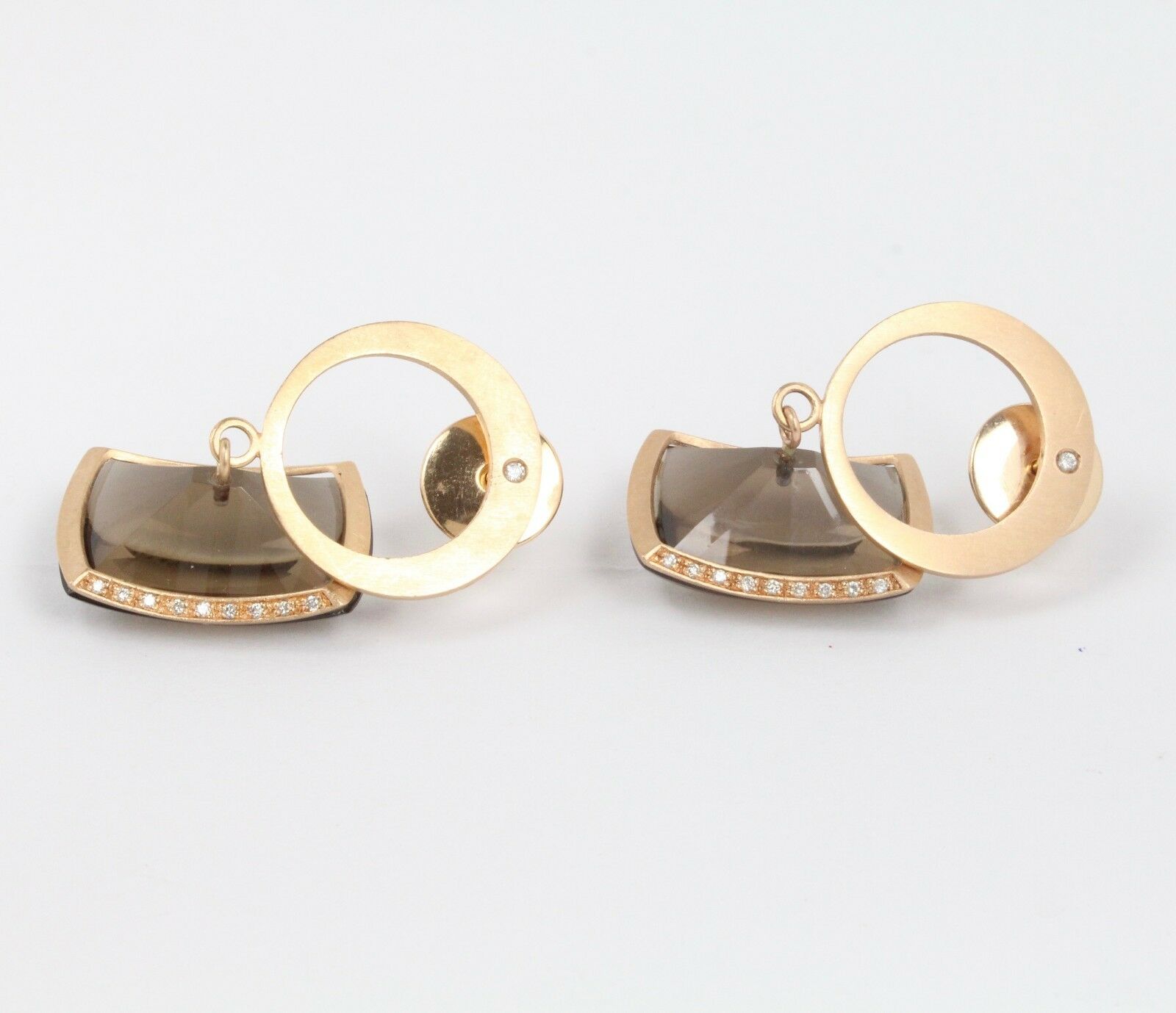 Retro French Denair 18K Rose Gold Smoky Quartz & Diamonds Dangling Earrings