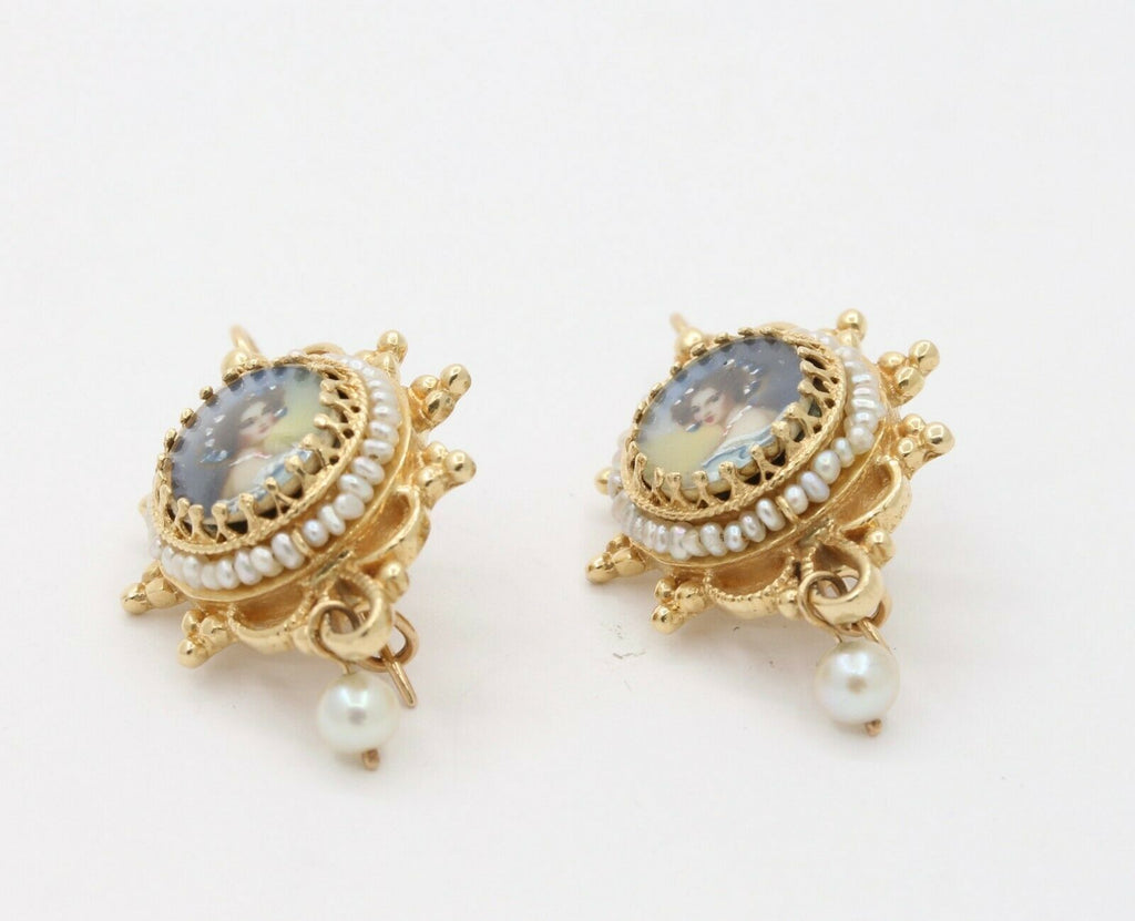 Vintage 14K Yellow Gold Woman’s Portrait Pearl Dangle Earrings