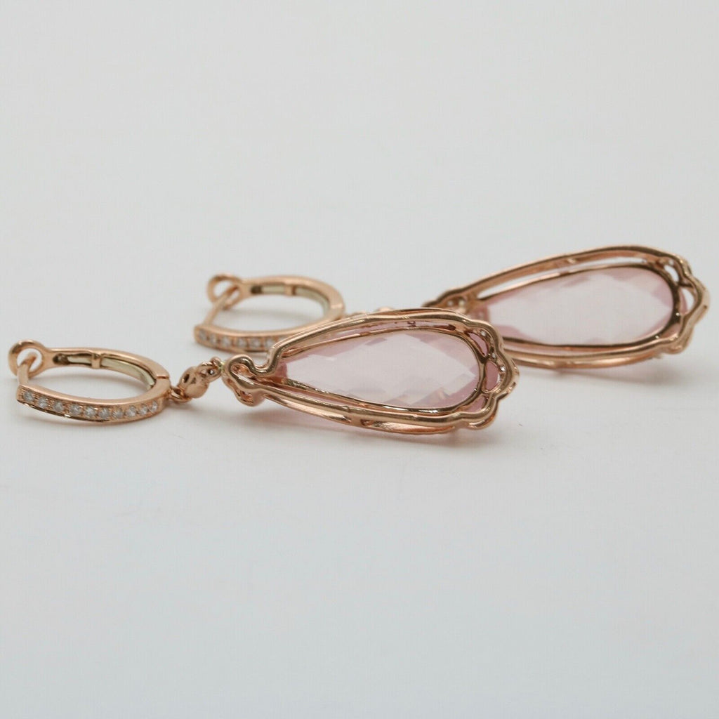 Lovely 14K Rose Gold Pink Quartz & Diamond Drop Earrings.