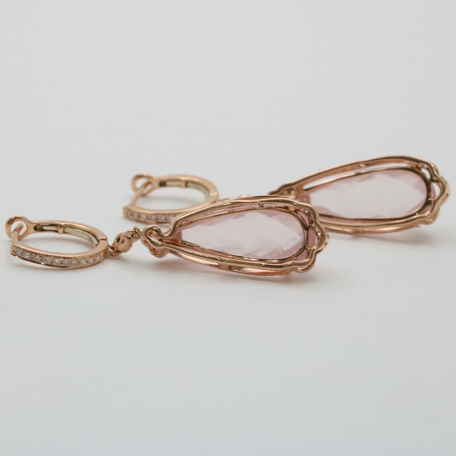 Lovely 14K Rose Gold Pink Quartz & Diamond Drop Earrings.