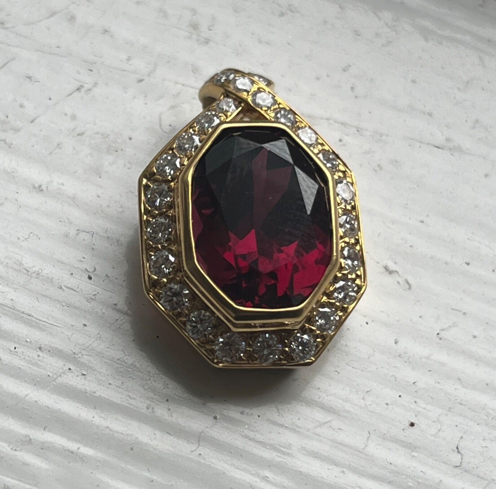 Vintage 18K Yellow Gold Rubellite Tourmaline Diamond Pendant Necklace.