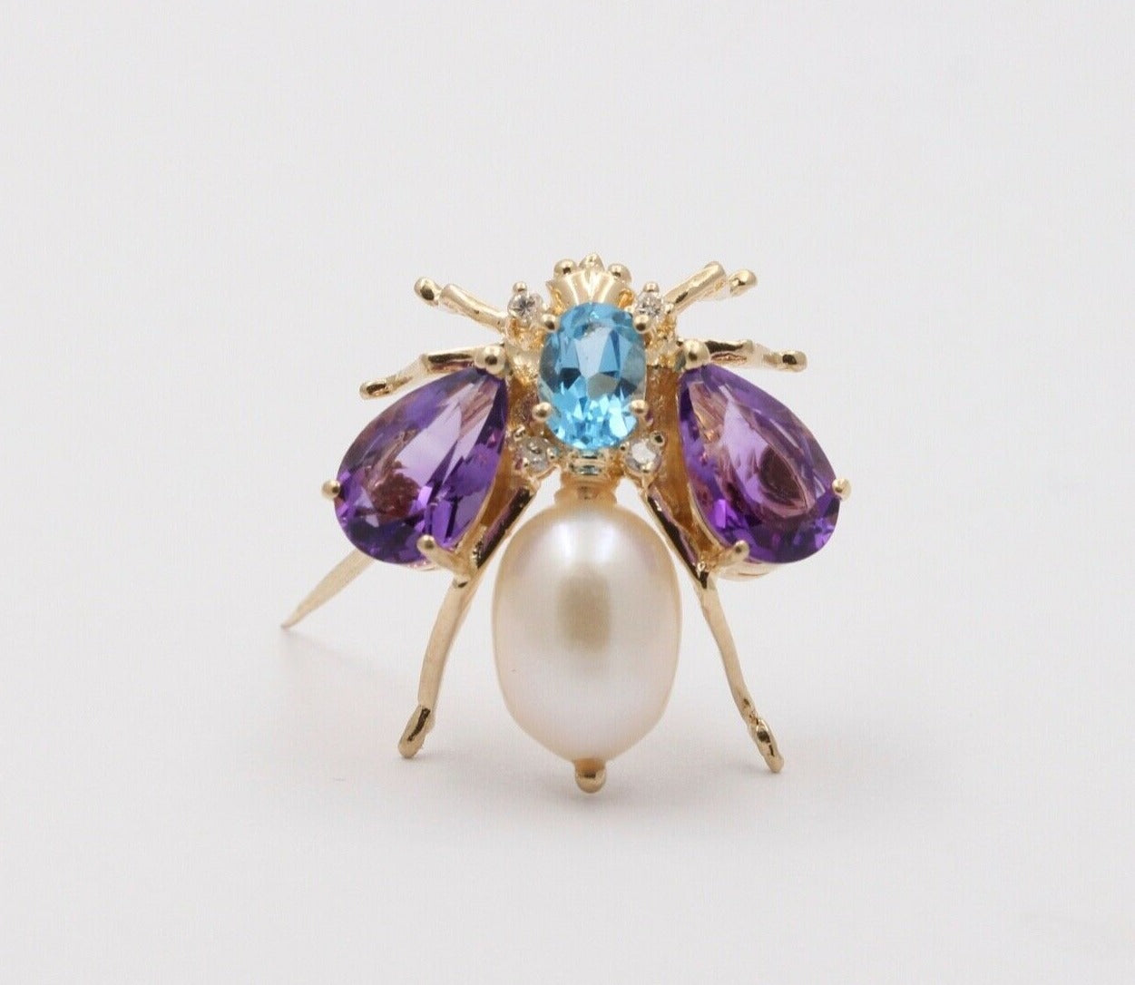 Vintage Amethyst London Blue Topaz Pearl 14K YG Honey Bee Brooch Pin