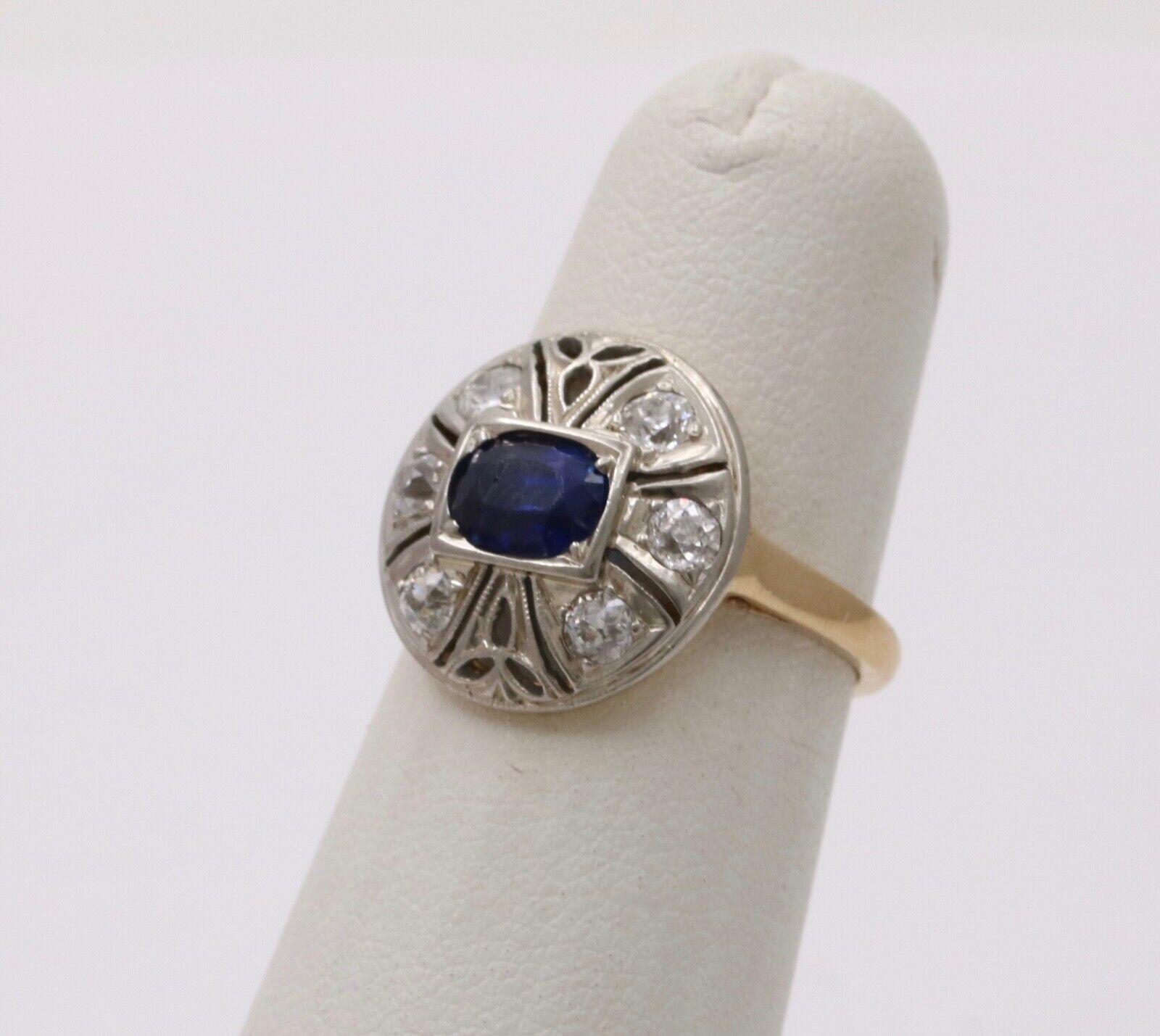 Art Deco Sapphire Diamond 14K White Yellow Gold Ring