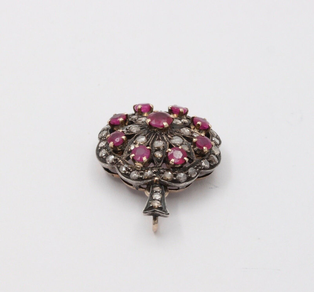 Victorian Rubies Diamonds 14K Rose Gold Silver Pendant