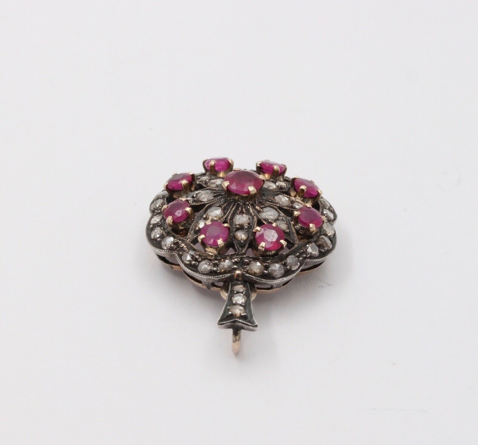 Victorian Rubies Diamonds 14K Rose Gold Silver Pendant