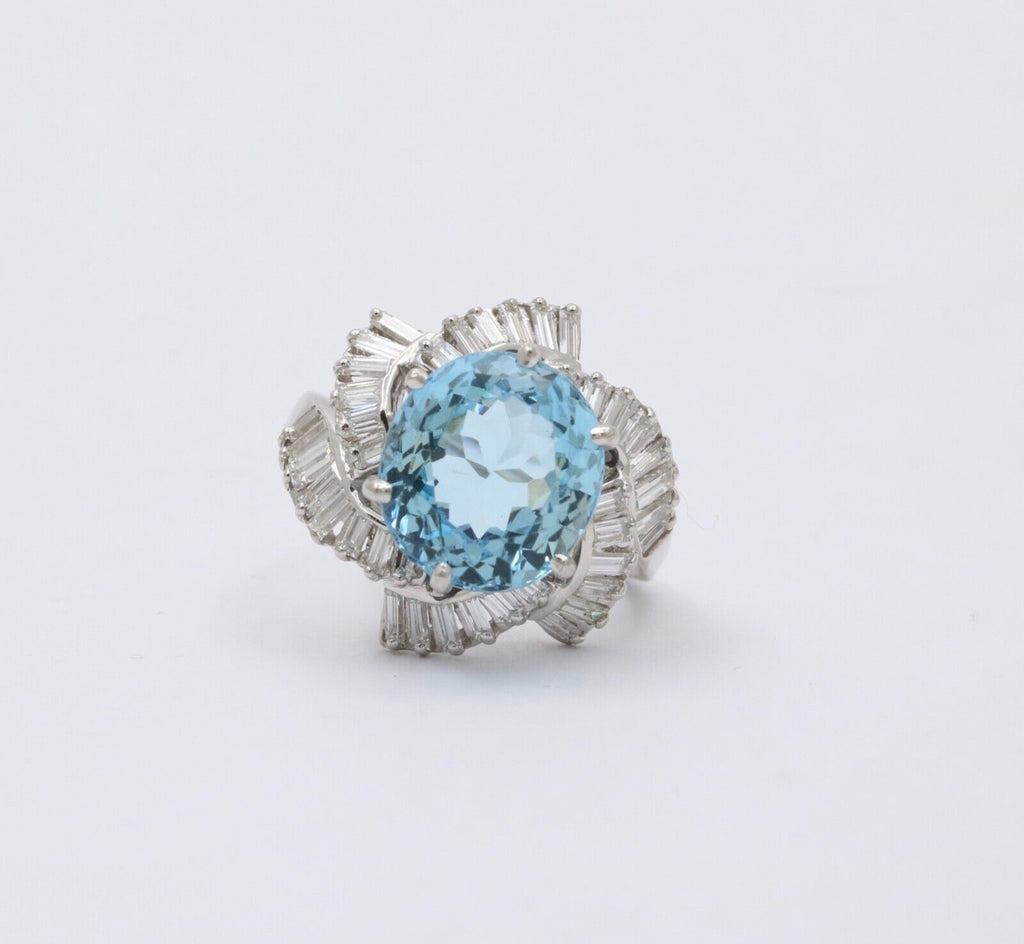 Vintage Platinum Aquamarine and Twirling Diamond Halo Ring, Statement Ring.