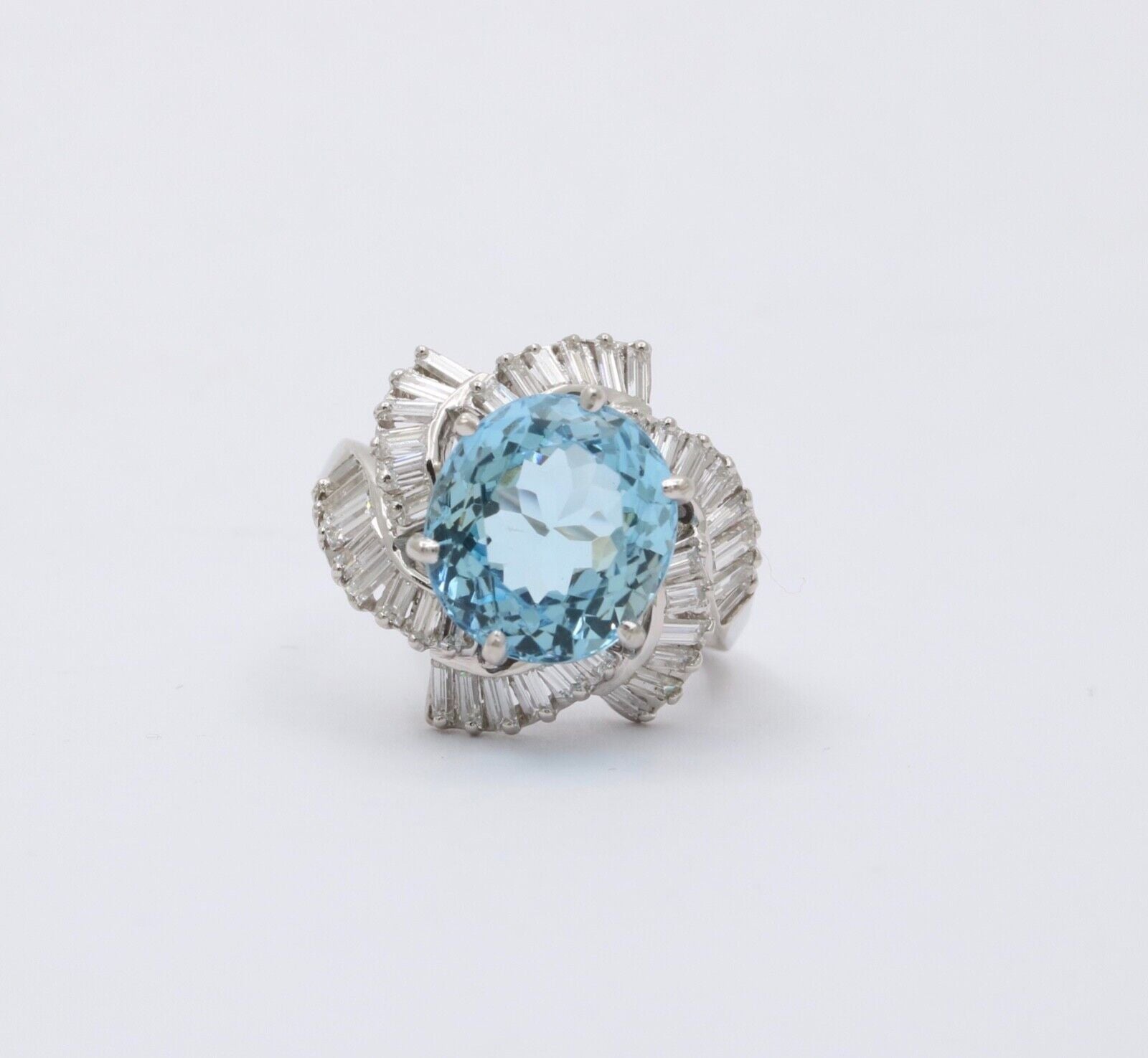 Vintage Platinum Aquamarine and Twirling Diamond Halo Ring, Statement Ring.