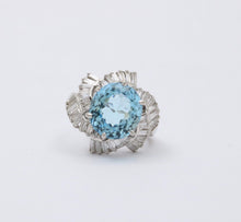 Load image into Gallery viewer, Vintage Platinum Aquamarine and Twirling Diamond Halo Ring, Statement Ring.
