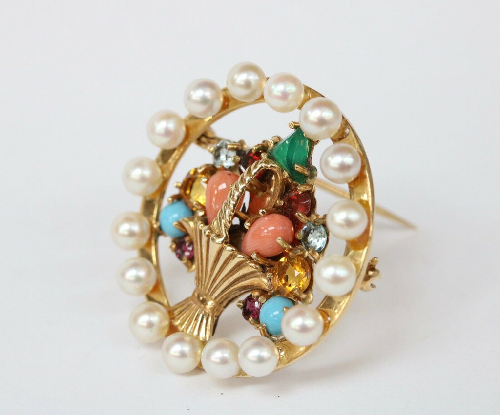 Beautiful Vintage Multi Stone Flower Basket Brooch