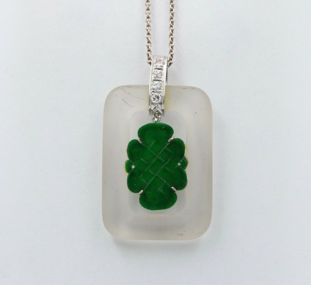 Vintage Jade Crystal Diamonds 18K White Gold Pendant