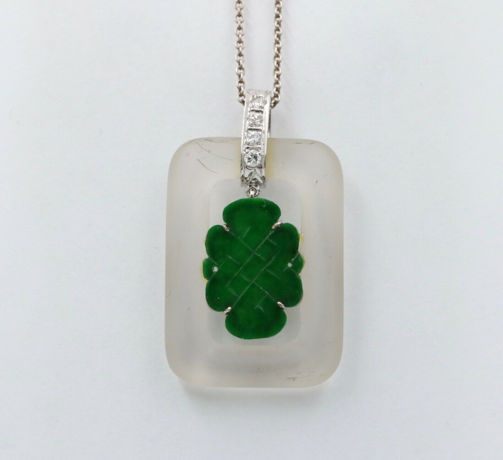 Vintage Jade Crystal Diamonds 18K White Gold Pendant