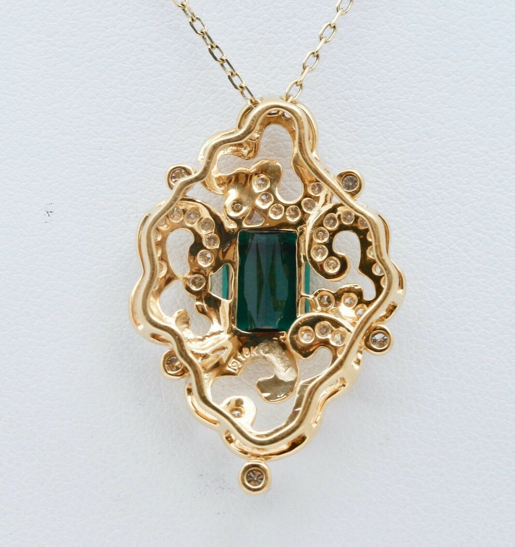 Beautiful Vintage Green Tourmaline Diamonds 14K Yellow Gold Pendant and Chain