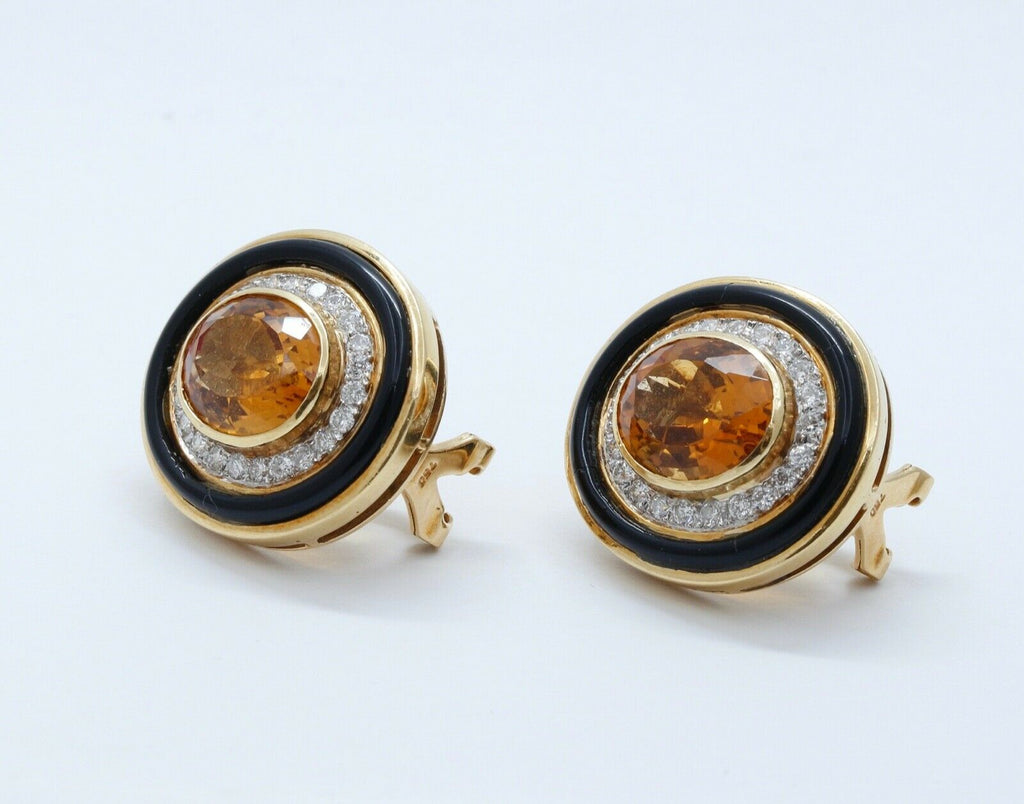 Vintage 18K Yellow Gold Citrine Diamonds Onyx Earrings