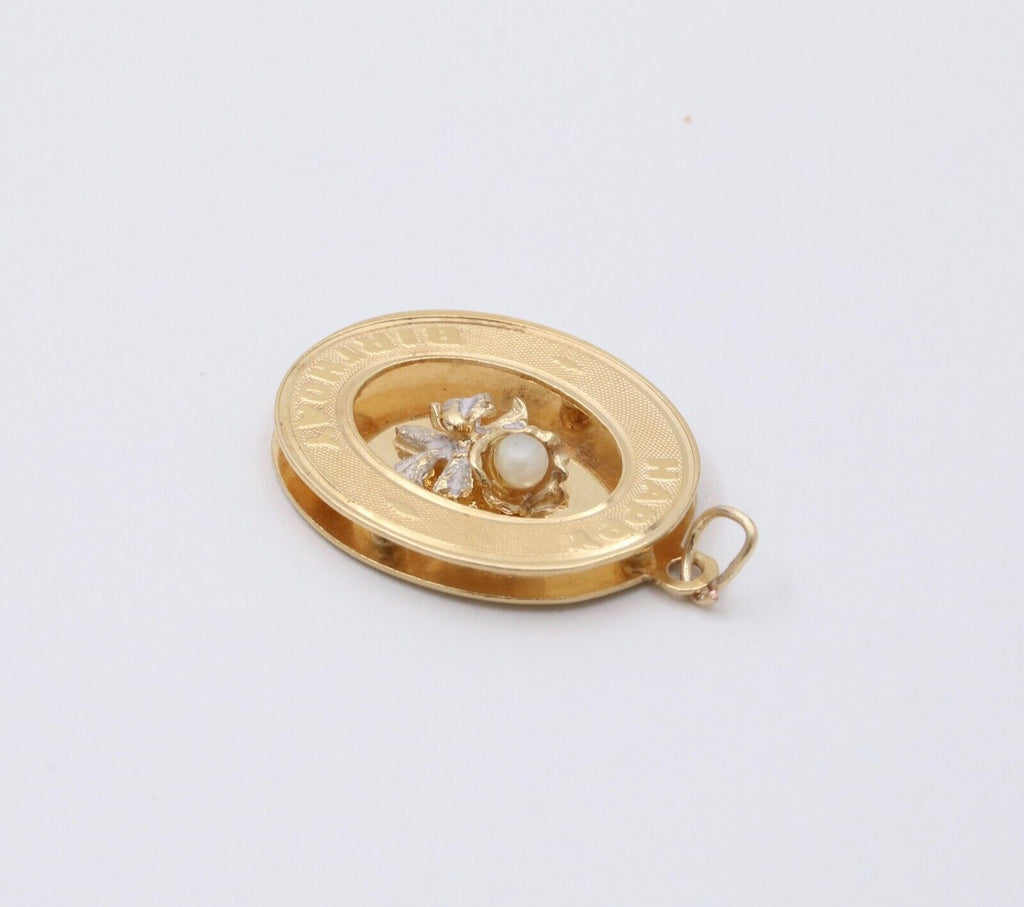 Vintage 14K Gold Pearl “ Happy Birthday” Flower Bouquet Charm Pendant