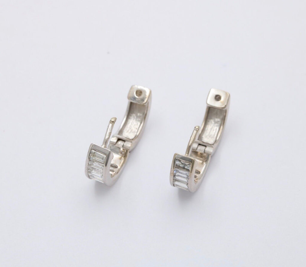 Vintage Baguette Diamonds 14K White Gold Huggie Earrings