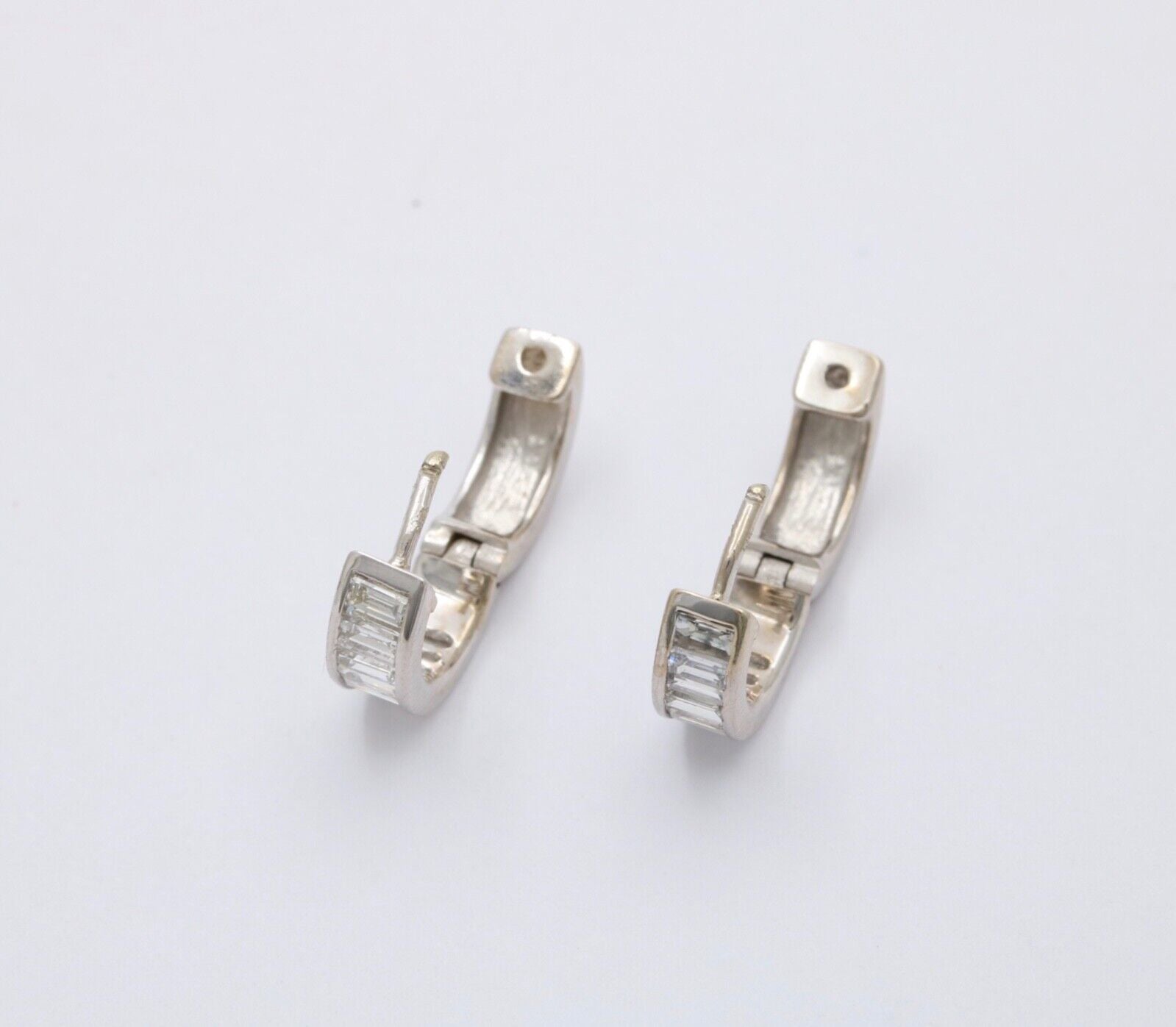 Vintage Baguette Diamonds 14K White Gold Huggie Earrings