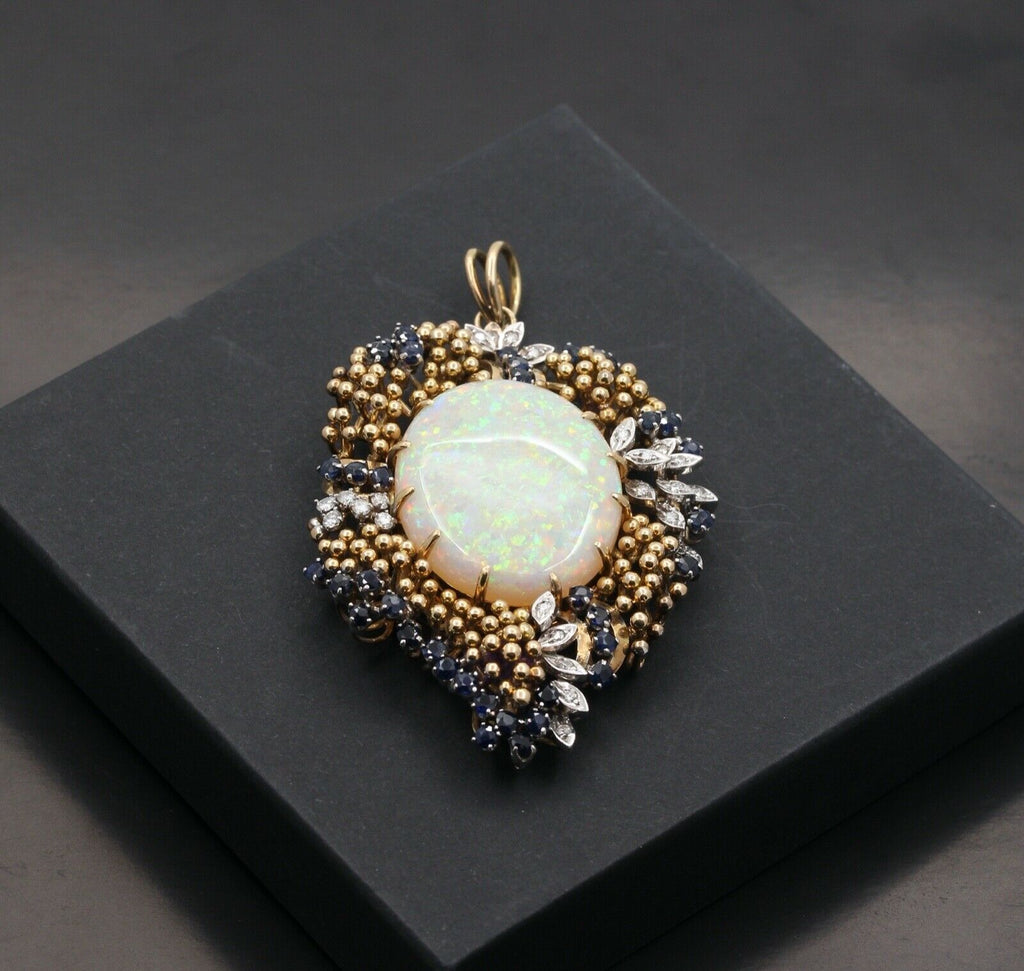 Vintage 14K Yellow Gold Giant Opal Diamond Sapphire Grape Pendent