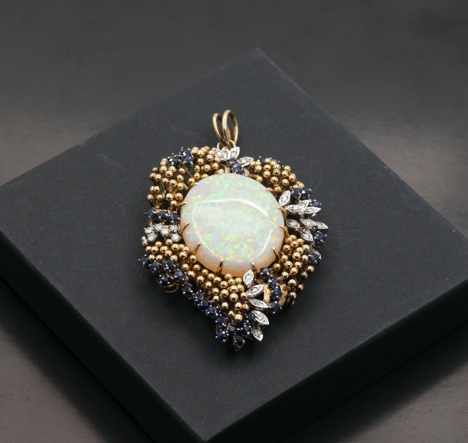 Vintage 14K Yellow Gold Giant Opal Diamond Sapphire Grape Pendent