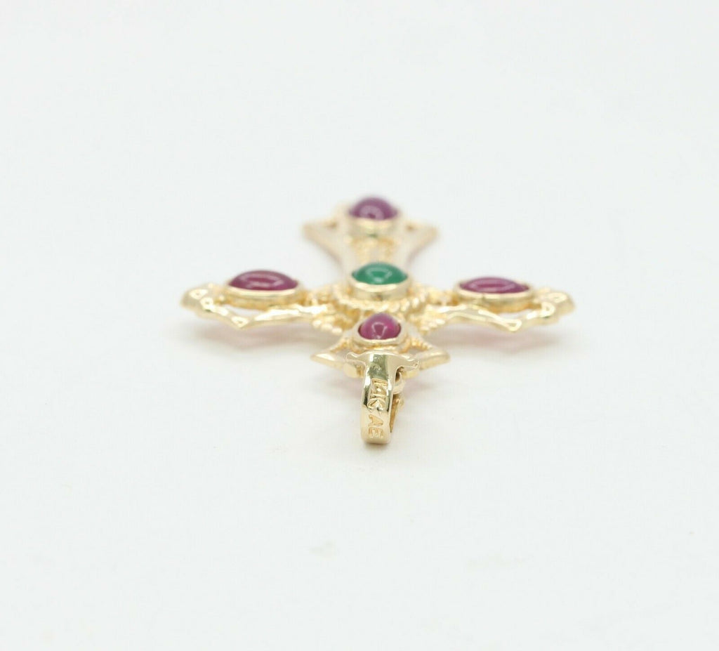 Vintage 14K Yellow Gold Emerald Ruby Portuguese Cross Pendant