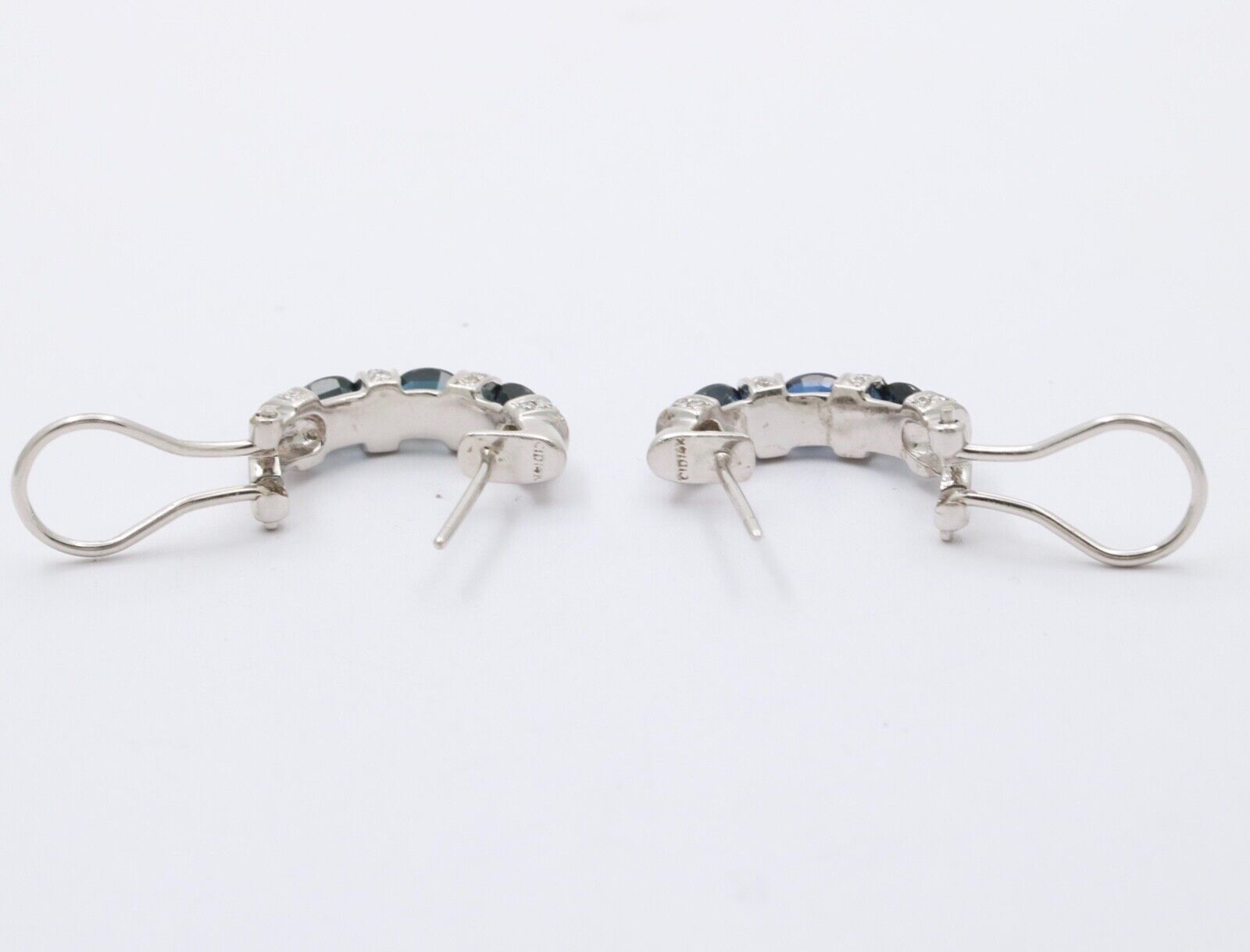 Vintage Blue Sapphire Diamonds 14K White Gold Earrings