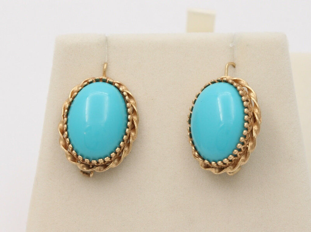 Vintage Turquoise 14K Yellow Gold Frame Dangling Earrings, Estate.