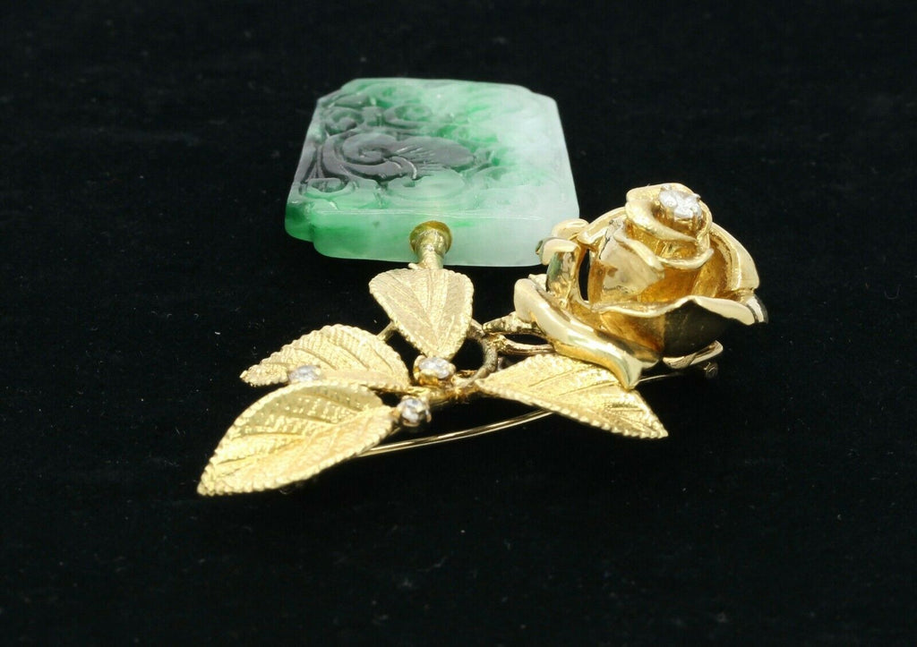 Vintage Heavy Custom Made 18K Yellow Gold Diamond Jade Rose Flower Pot Brooch