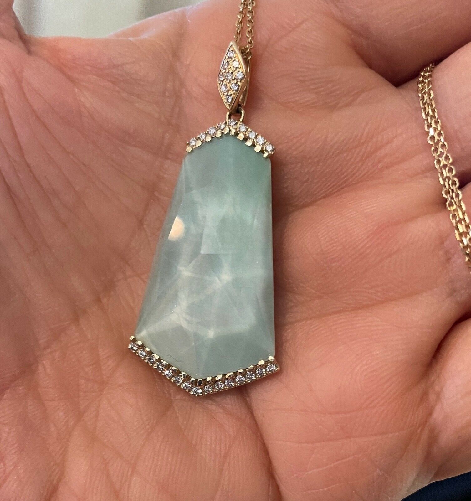 Minimalist 14K Yellow Gold Diamond Rock Crystal Fan Shape Crystal Haze Pendant Necklace