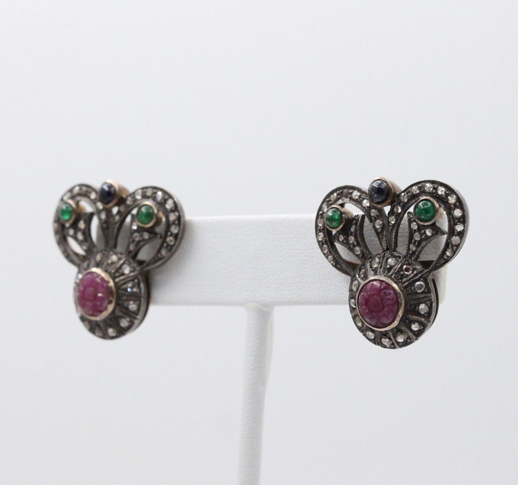 Antique 14K Gold & Silver Diamond, Ruby, Emerald and Sapphire Earrings