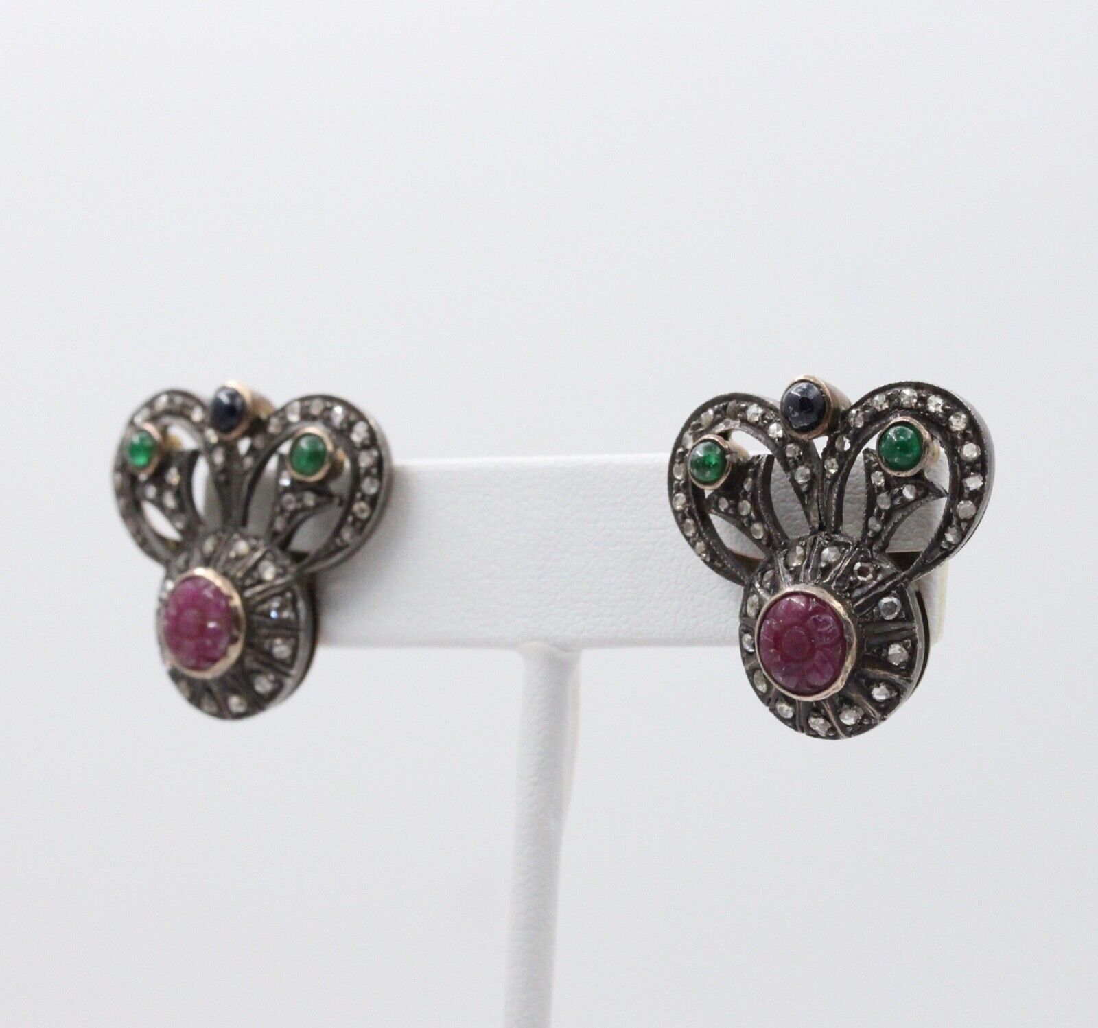 Antique 14K Gold & Silver Diamond, Ruby, Emerald and Sapphire Earrings