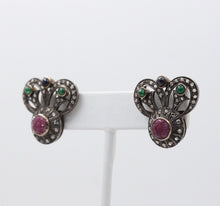 Load image into Gallery viewer, Antique 14K Gold &amp; Silver Diamond, Ruby, Emerald and Sapphire Earrings
