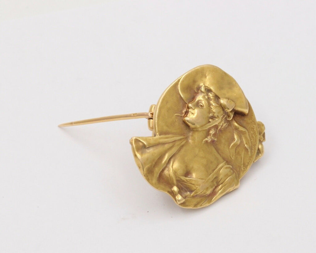 Gorgeous Art Nouveau French Woman’s Portrait 18K Gold Brooch Pin.