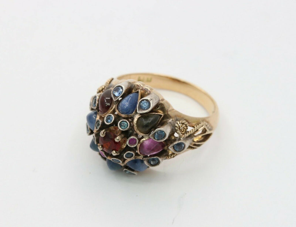 Vintage 18K Gold Sapphire, Garnet, and Ruby Cluster Ring