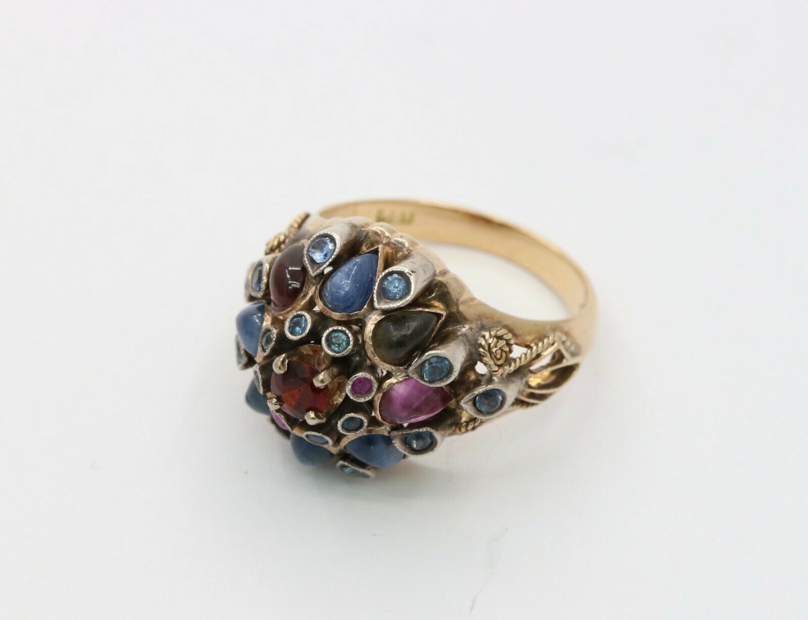 Vintage 18K Gold Sapphire, Garnet, and Ruby Cluster Ring