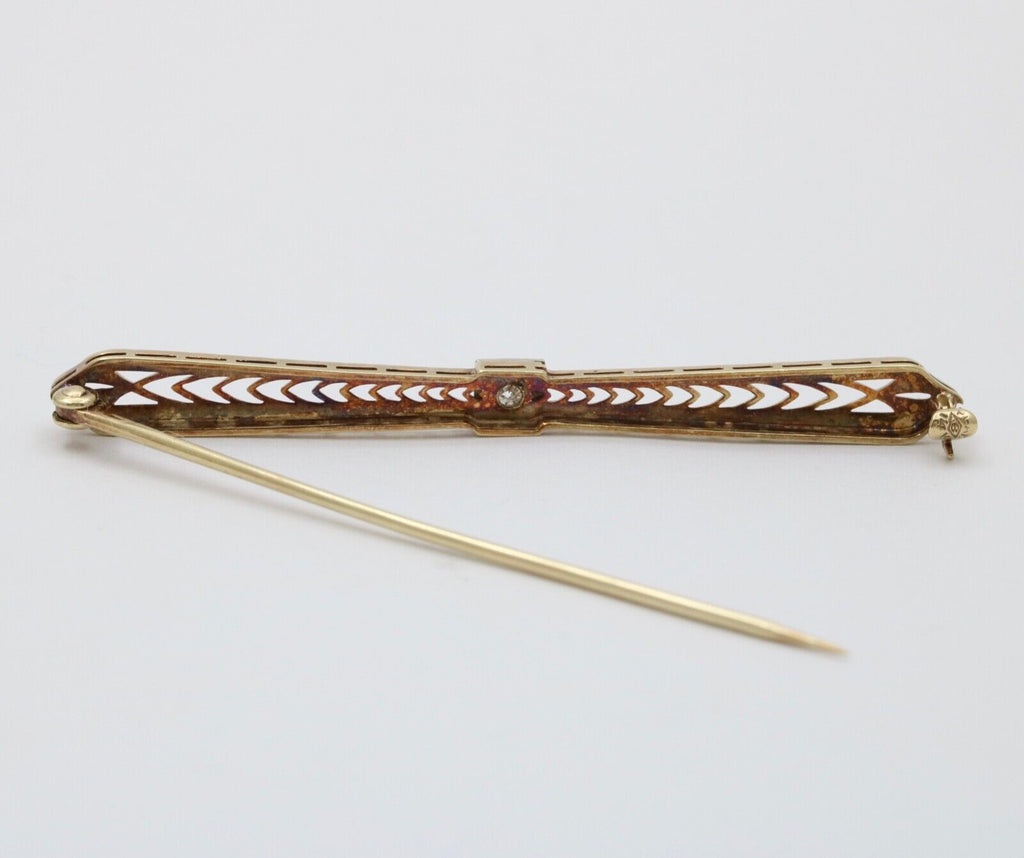 Vintage 14K Yellow Gold & Platinum Diamond Enamel Bar Pin.
