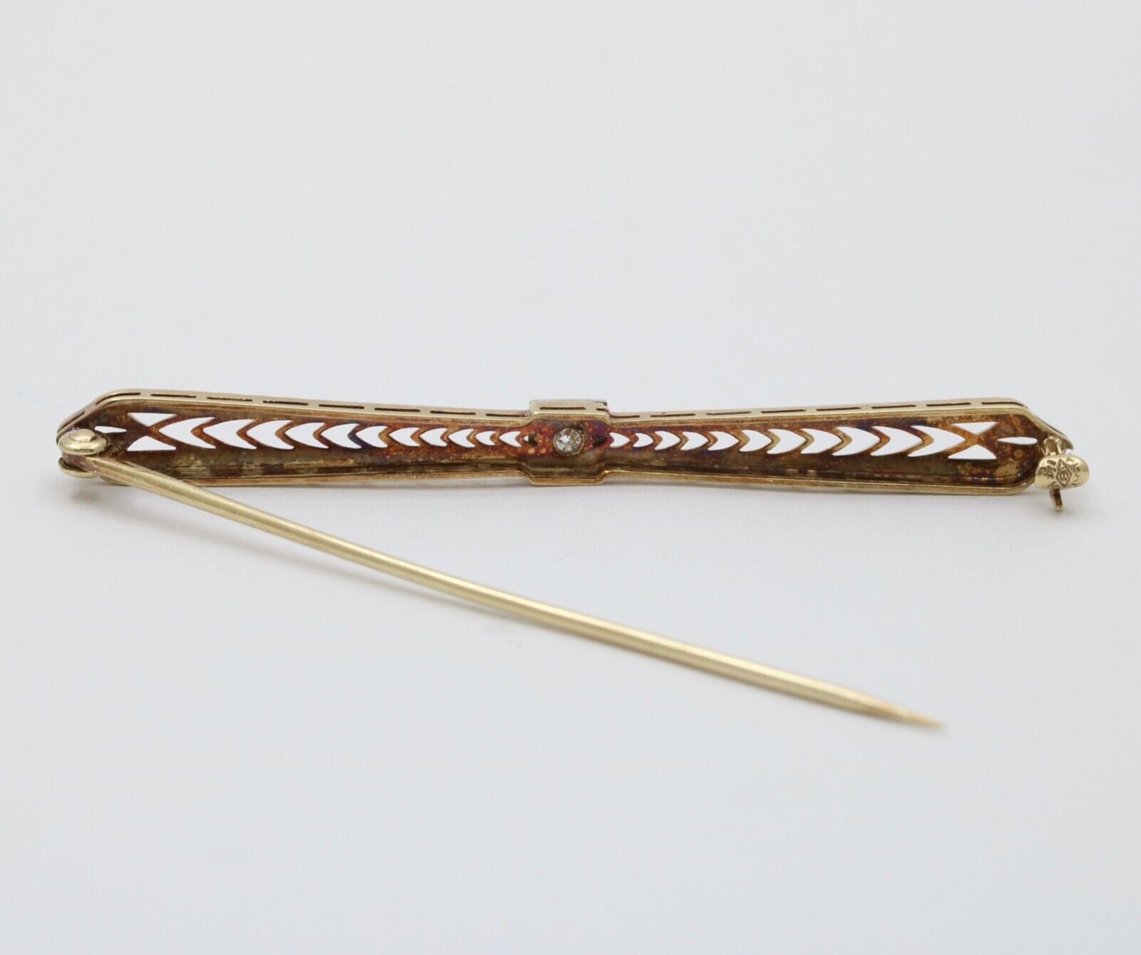 Vintage 14K Yellow Gold & Platinum Diamond Enamel Bar Pin.
