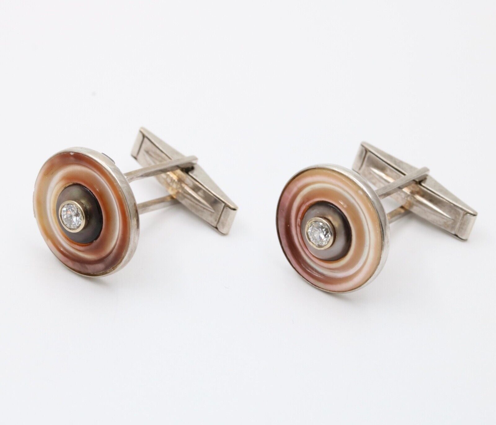 Vintage 14K White Gold Mother Of Pearl and Diamond Cufflinks. Men’s Accessories