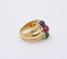 Load image into Gallery viewer, Funky Vintage 18K Yellow Gold Cabochon Ruby, Sapphire &amp; Emerald Ring, Estate Rin
