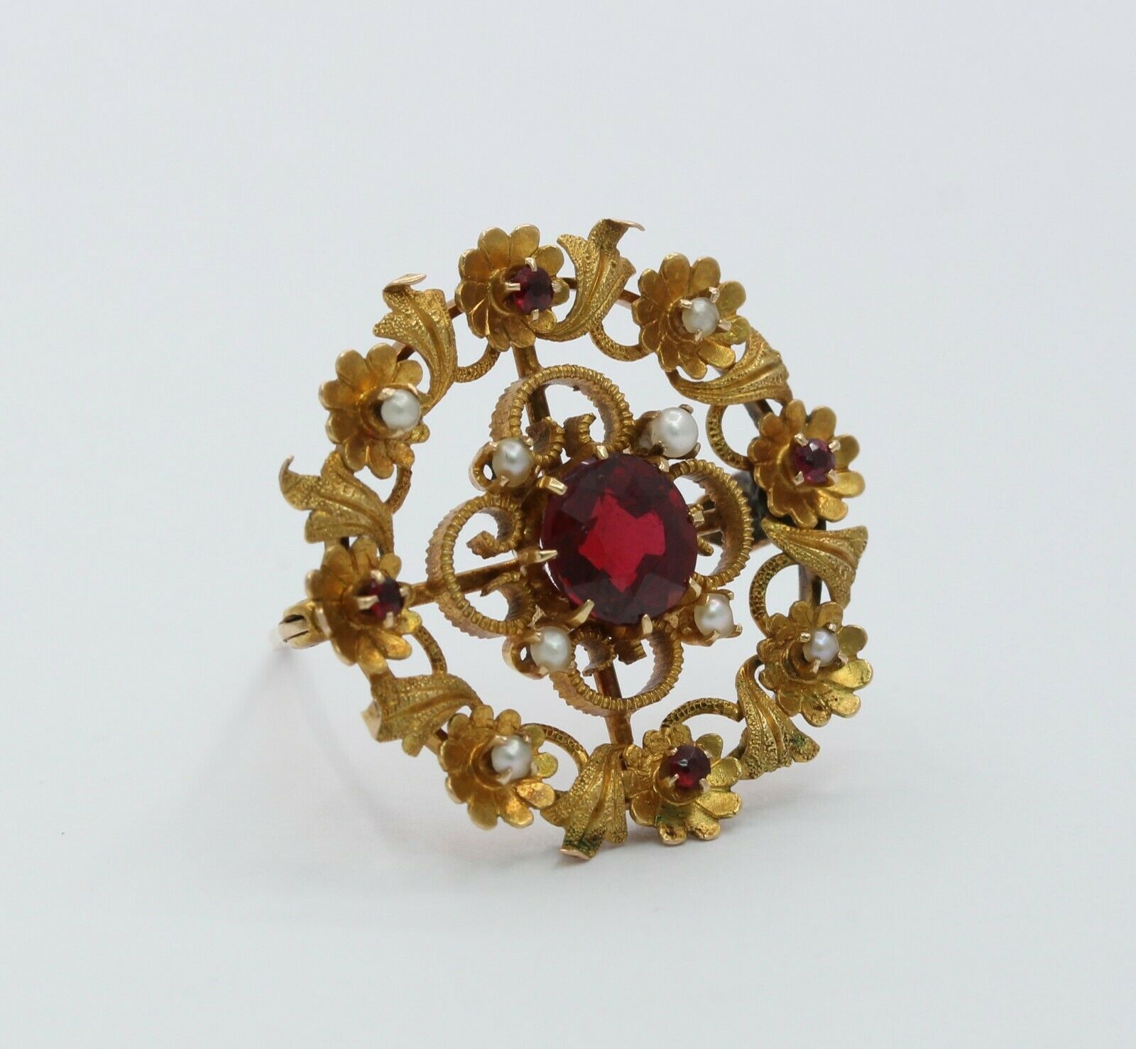 Vintage 14k Yellow Gold Garnet Seed Pearl Floral Brooch