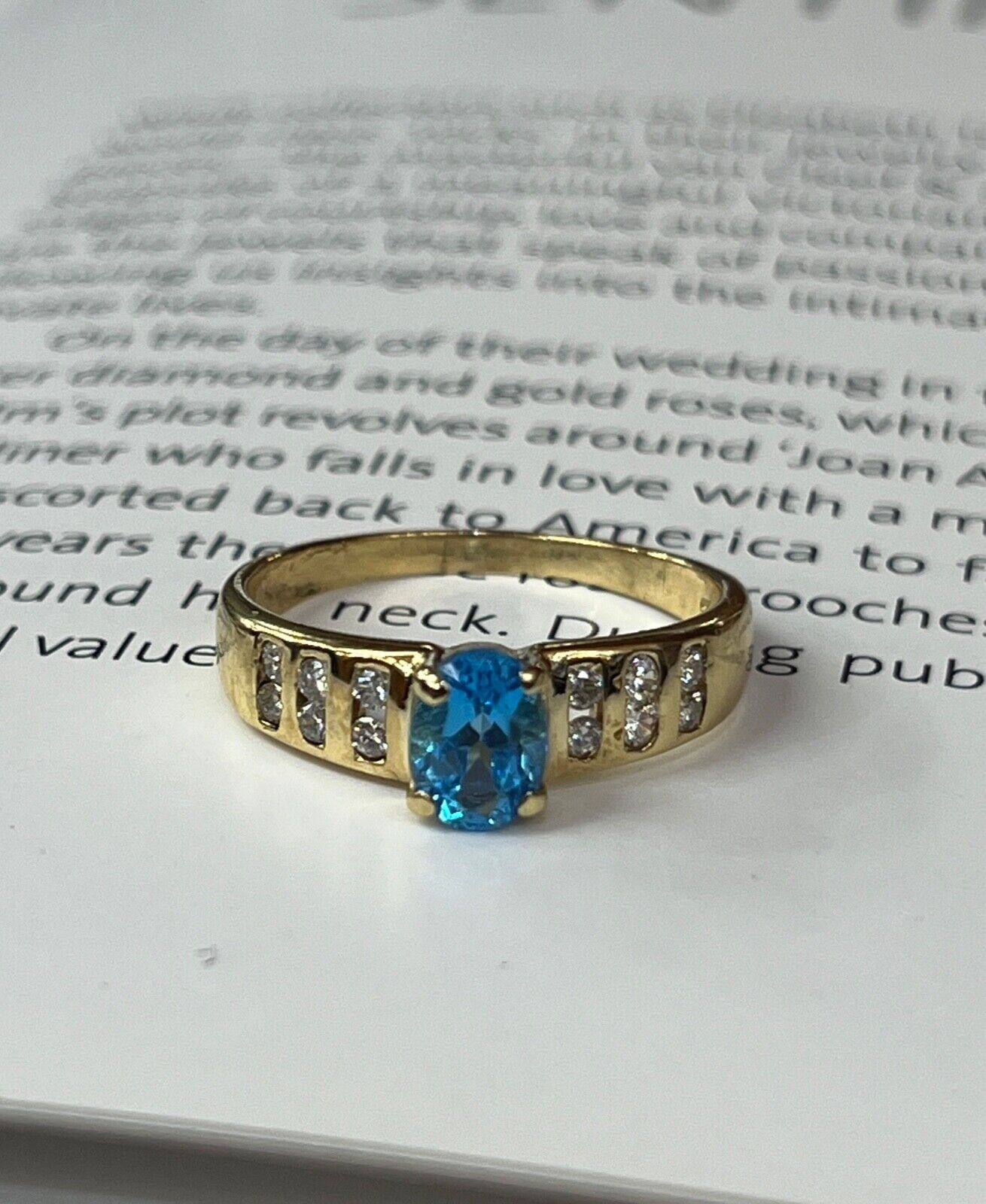 Vintage 14K Yellow Gold Blue Topaz & Diamond Ring, Engagement Ring