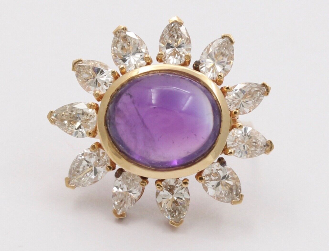 Vintage 14K Yellow Gold Diamond and Amethyst Flower Brooch