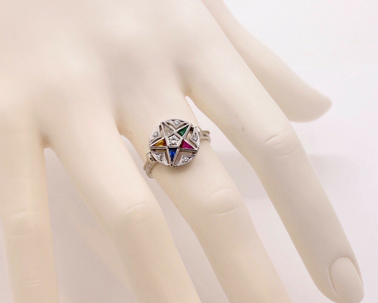 Vintage 14K White Gold Order of The Eastern Star Diamonds Gemstones Ring