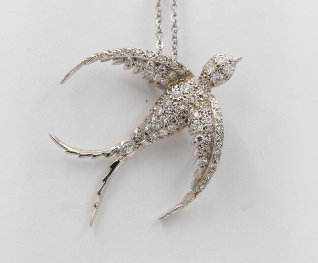 Vintage Swallow Bird Diamonds 14K White Gold Pendant Brooch Pin